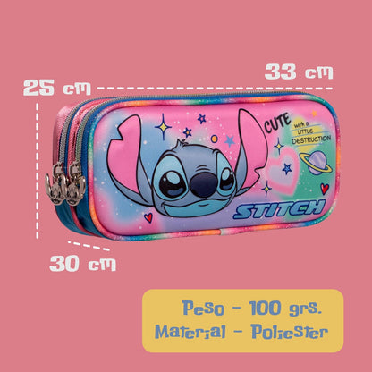 Ruz Lapicera Doble Infantil y Preescolar | Stitch | 100% Poliéster Edición Premium | Portalápices de Tela para Niños con 2 Divisiones y Cierre de Cremallera | Recomendado desde 3 años