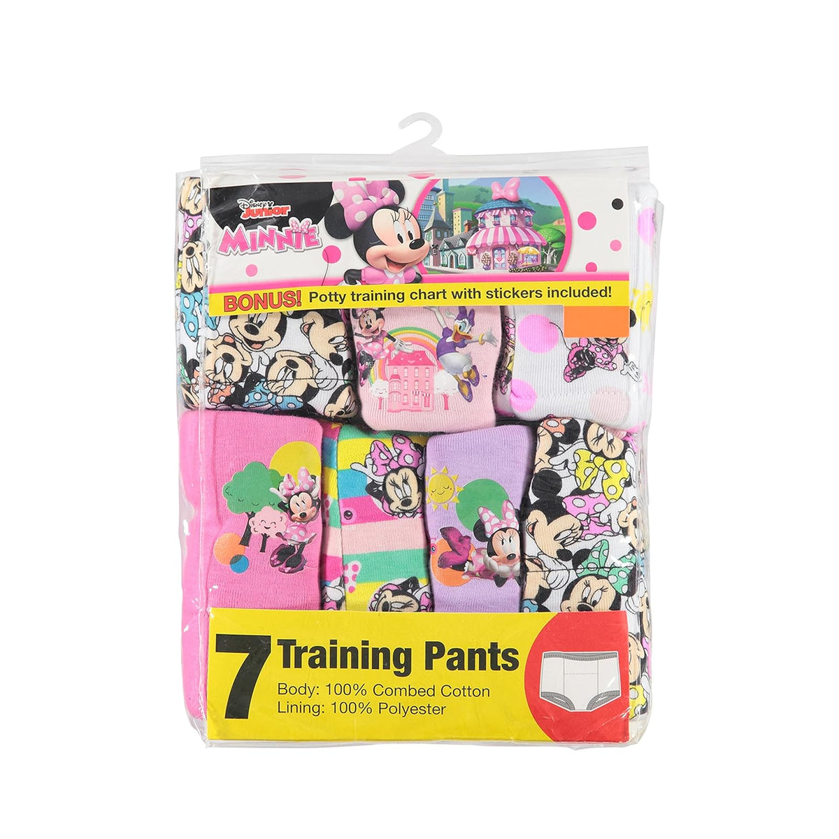 Disney Minnie Mouse - Pantalones de entrenamiento para ir al baño y kit de inicio con pegatinas y tabla de seguimiento en tamaños 18m, 2t, 3t, 4t, Paquete de 7 pantalones de entrenamiento, 4 Años