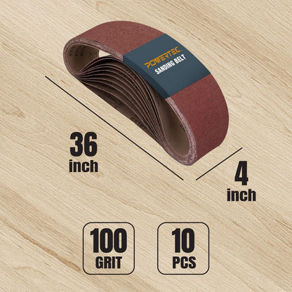 POWERTEC 10 correas de lijado de 4 x 36 pulgadas, óxido de aluminio de grano 100, correas de lijado de 4 x 36 pulgadas para cinturón de sobremesa y lijadora de disco, papel de lija para carpintería