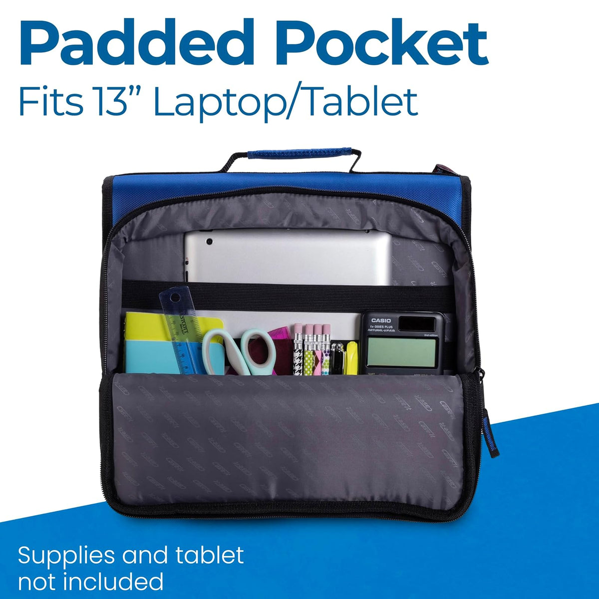 Case-it - Carpeta universal con cierre, bolsillo acolchado con juntas tóricas de 2 pulgadas que soporta hasta 13 portátiles/tablet, múltiples bolsillos, capacidad de 400 páginas, viene con correa para
