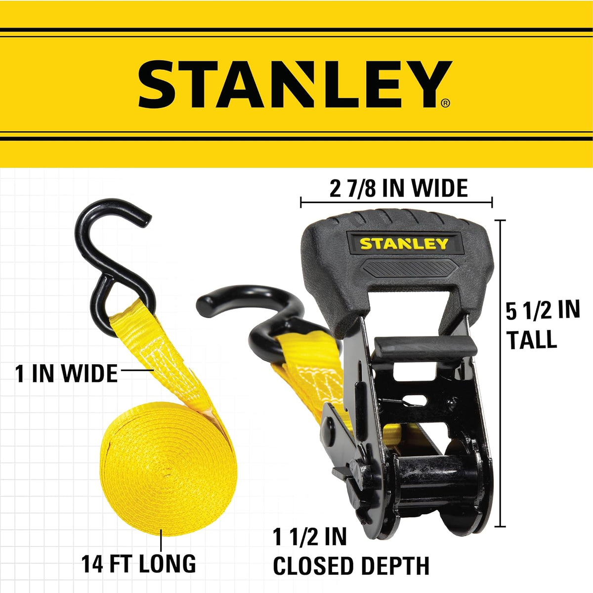 Stanley - Kit de Correa de carraca, Negro/Amarillo, 1" x 14'