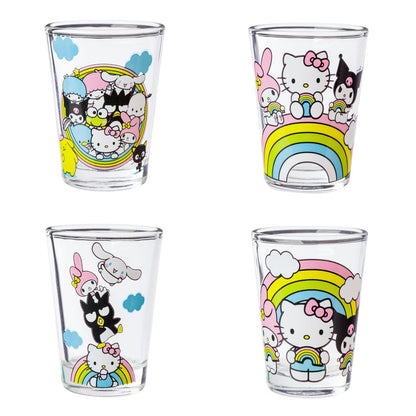 Silver Buffalo Sanrio Hello Kitty and Friends Rainbow con Badtz-Maru, My Melody, Cinnamoroll, Kuromi, Little individual Stars, Pochacco, Keroppi, Tuxedo Sam, Chococat, paquete de 4 mini anteojos, 1.5