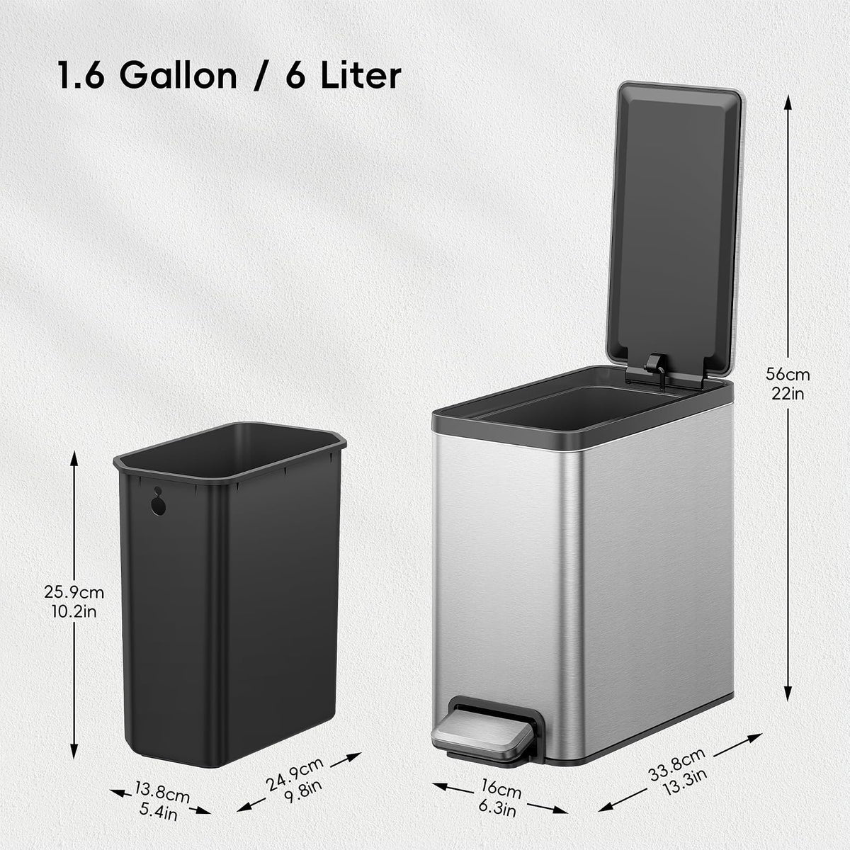 EKO - cubeta de basura pequeño delgado para baño con tapa, cubeta de basura de cocina de acero inoxidable con cubeta interior extraíble, paquete de 2 cubos de basura de 6 litros/1.6 galones