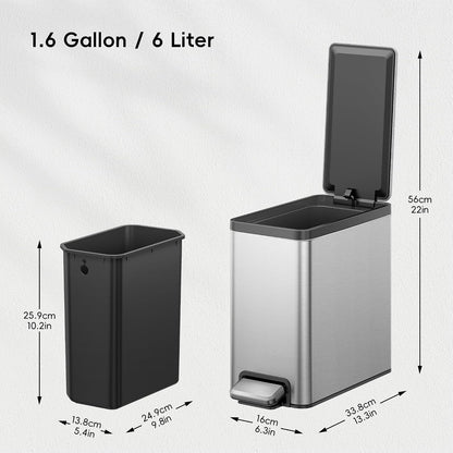EKO - cubeta de basura pequeño delgado para baño con tapa, cubeta de basura de cocina de acero inoxidable con cubeta interior extraíble, paquete de 2 cubos de basura de 6 litros/1.6 galones