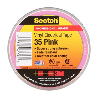3M Scotch Cinta eléctrica de vinilo con codificación de colores 35, grado premium, ignífugo, resistente a los rayos UV, protección eléctrica y mecánica, rosa, 7 mil, 3/4 pulgadas x 66 pies, 1 rollo