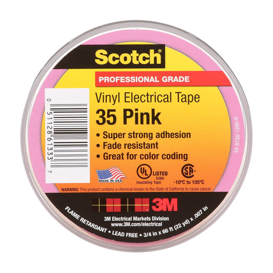 3M Scotch Cinta eléctrica de vinilo con codificación de colores 35, grado premium, ignífugo, resistente a los rayos UV, protección eléctrica y mecánica, rosa, 7 mil, 3/4 pulgadas x 66 pies, 1 rollo