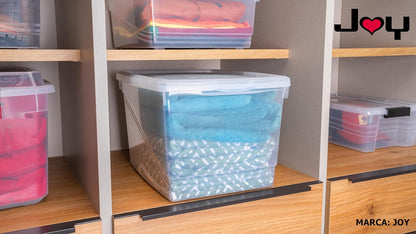 JOY - Caja de Almacenamiento 32 Litros, Pack de 2, para Organizar Armario, Juguetes, Ropa, con Cierre Click! y Agarraderas Reforzadas, Plástico Libre de BPA, Transparente