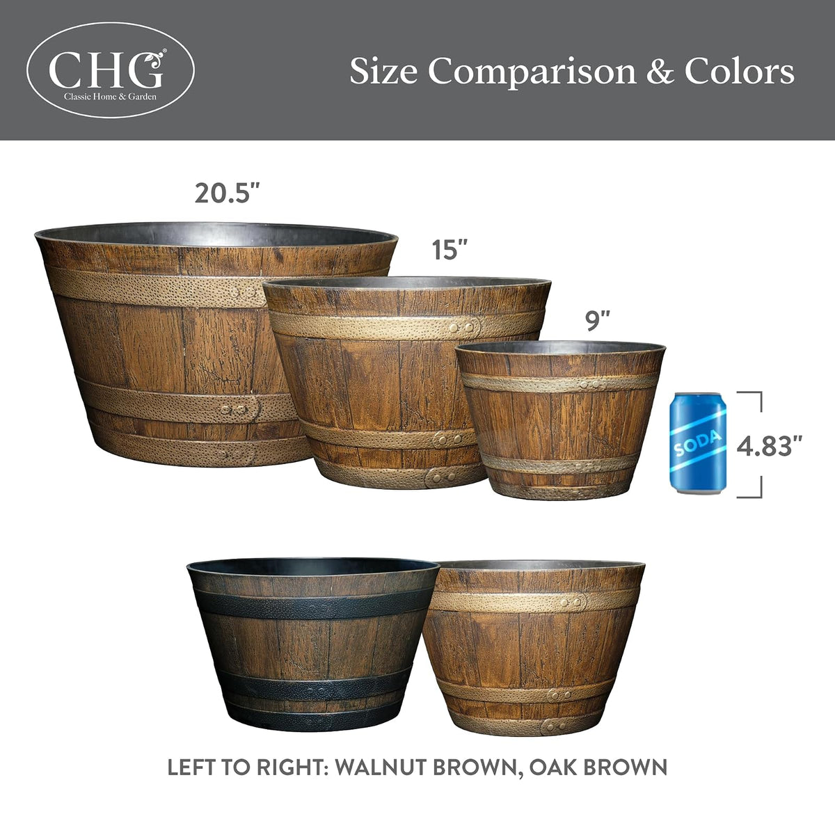 Whiskey Barrel Planter, Distressed Oak, 9" (Durable high density resin construction)