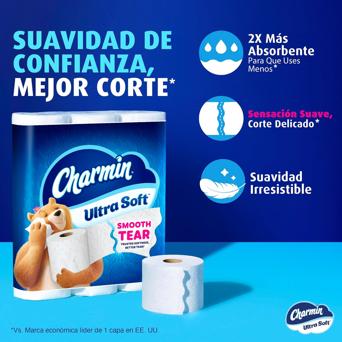 Charmin - Ultra Soft Papel Higiénico, 24 Mega Rollos, 208 Hojas por Rollo, 1 Mega Equivalente a 4 Regulares, Ultra Suave, 2X Más Absorbente, Smooth Tear, No Atascable