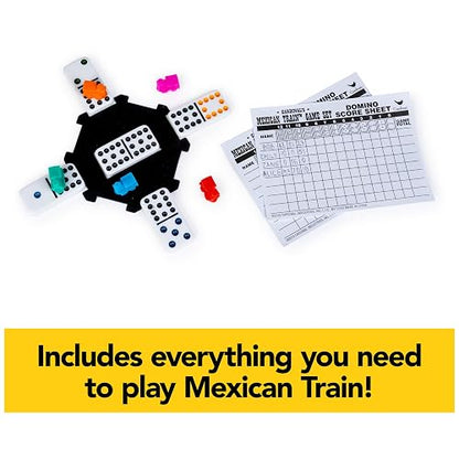 Spin Master Games, juego de dominó de tren mexicano, juego de mesa de azulejos en estuche de transporte de aluminio, juegos para la noche de juegos familiares