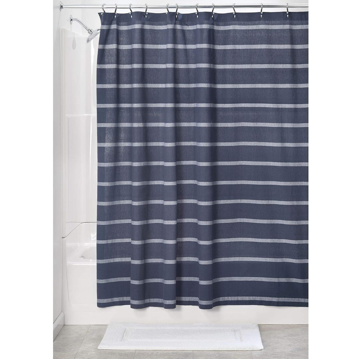 InterDesign iDesign Thin Stripe Fabric Shower Curtain, Modern Mildew-Resistant for Master, Guest, Kids' Bathrooms, Bathtubs, Stalls, Navy and White