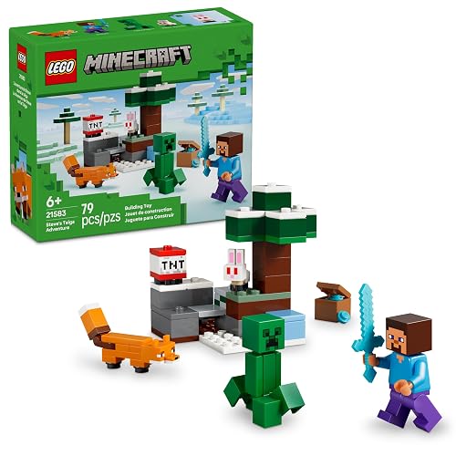 LEGO Minecraft La Aventura de Steve en la Taiga – Producto Coleccionable – Regalo para Niños y Niñas Mayores de 6 Años – Personajes: Steve, Zorro, Creeper y Conejo Bebé – 21583
