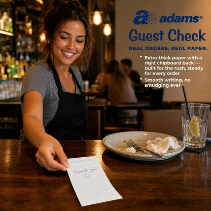 Adams Guest Check Pads, Single Part, Perforated, White, 3-2/5" x 6-3/4", 50 Sheets/Pad, 5 Pads/Pack (525SWMT)