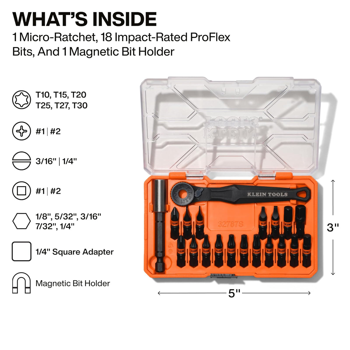 Klein Tools 32787S - Juego de puntas de impacto ProFlex de microcarraca delgada, 20 piezas, acero S2, estuche de almacenamiento compatible con MODbox, portapuntas magnético