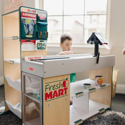 Melissa & Doug Puesto de Supermercado Fresh Mart, Juguete de Madera, Estantería Amplia Para Comestibles, Juguete Creativo (106.68 cm alto x 69.85 cm ancho x 88.9 cm largo)