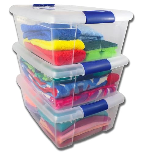 JOY - Caja de Almacenamiento Apilable, Pack de 3, para Organizador Armario, Juguetes, Ropa, con Broche y Tapa Duradera, 15 Litros de Capacidad, Plástico Libre de BPA, Transparente