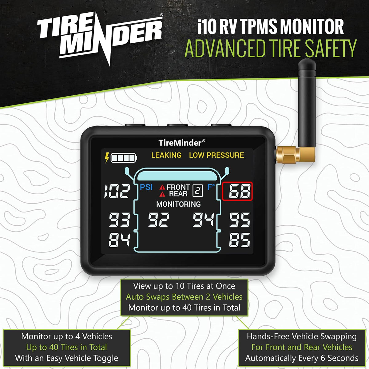 TireMinder i10 RV TPMS con 4 transmisores, Negro