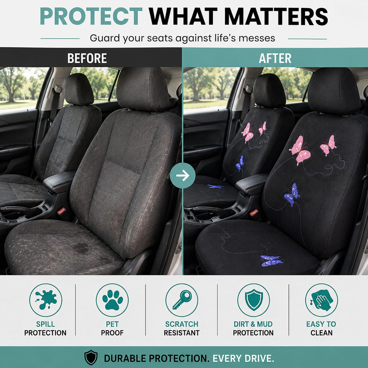 FH GROUP FB055114 Black Butterfly Embroidery Car Seat Cover (Full Set)