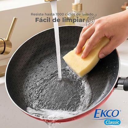 Ekco | Juego de Sartenes Classic 3 Piezas de Aluminio Antiadherente Rojo | Antiadherente Geothermic, Libre de PFOA, Cocción uniforme, Fácil limpieza, Calentamiento rápido, Mangos de baquelita