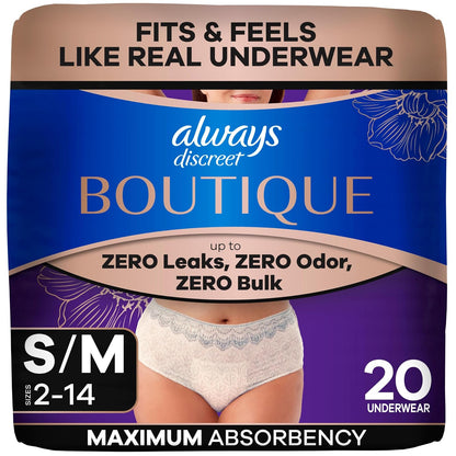 Always Discreet Boutique Incontinence Underwear for Women, 20 unidades