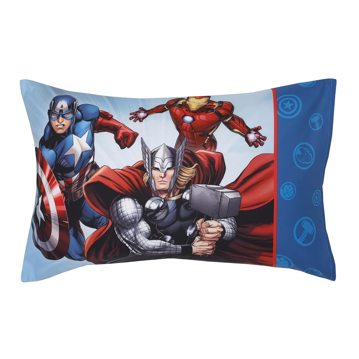 Disney Marvel Avengers Fight The Foes, Juego de Cama, 4 Piezas, Color Azul, Rojo, Verde Hulk, Iron Man, Thor, Capitán América, edredón, sábana Bajera Ajustable, sábana y Funda de Almohada Reversible