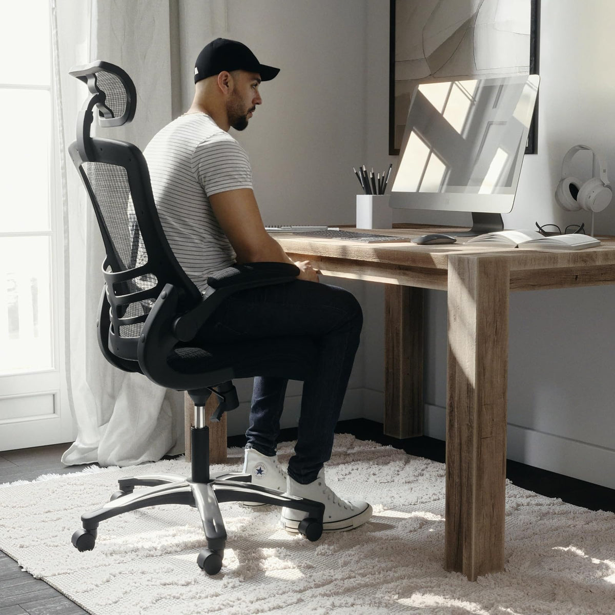 Flash Furniture High-Back Black Mesh Swivel Ergonomic Executive Office Chair with Flip-Up Arms and Adjustable Headrest