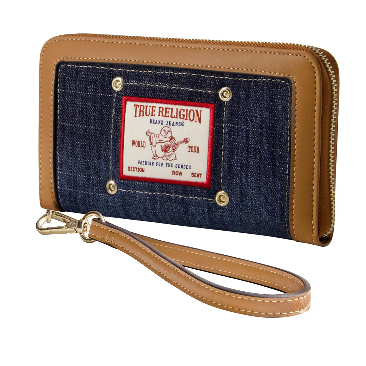 True Religion - Mini portafolios con cierre para mujer, con correa para la muñeca, tela vaquera oscura, talla única, Mezclilla oscura