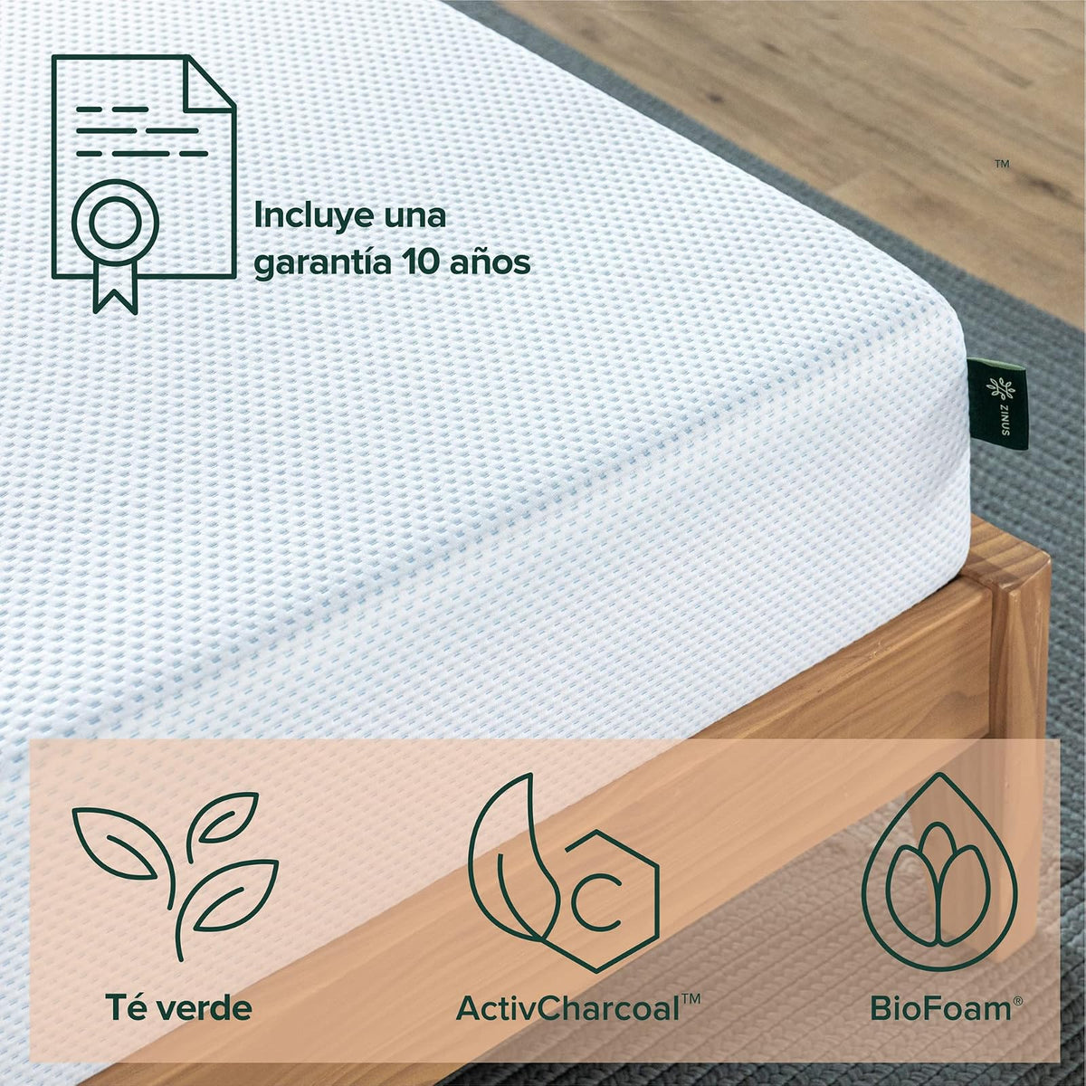 Zinus 15 cm de té Verde impregnado Colchón de Espuma viscoelástica con Gel refrescante/Colchón Adaptable de 7 Zonas/Espuma con certificación CertiPUR-US/Colchón en Caja/Colchón MX Queen