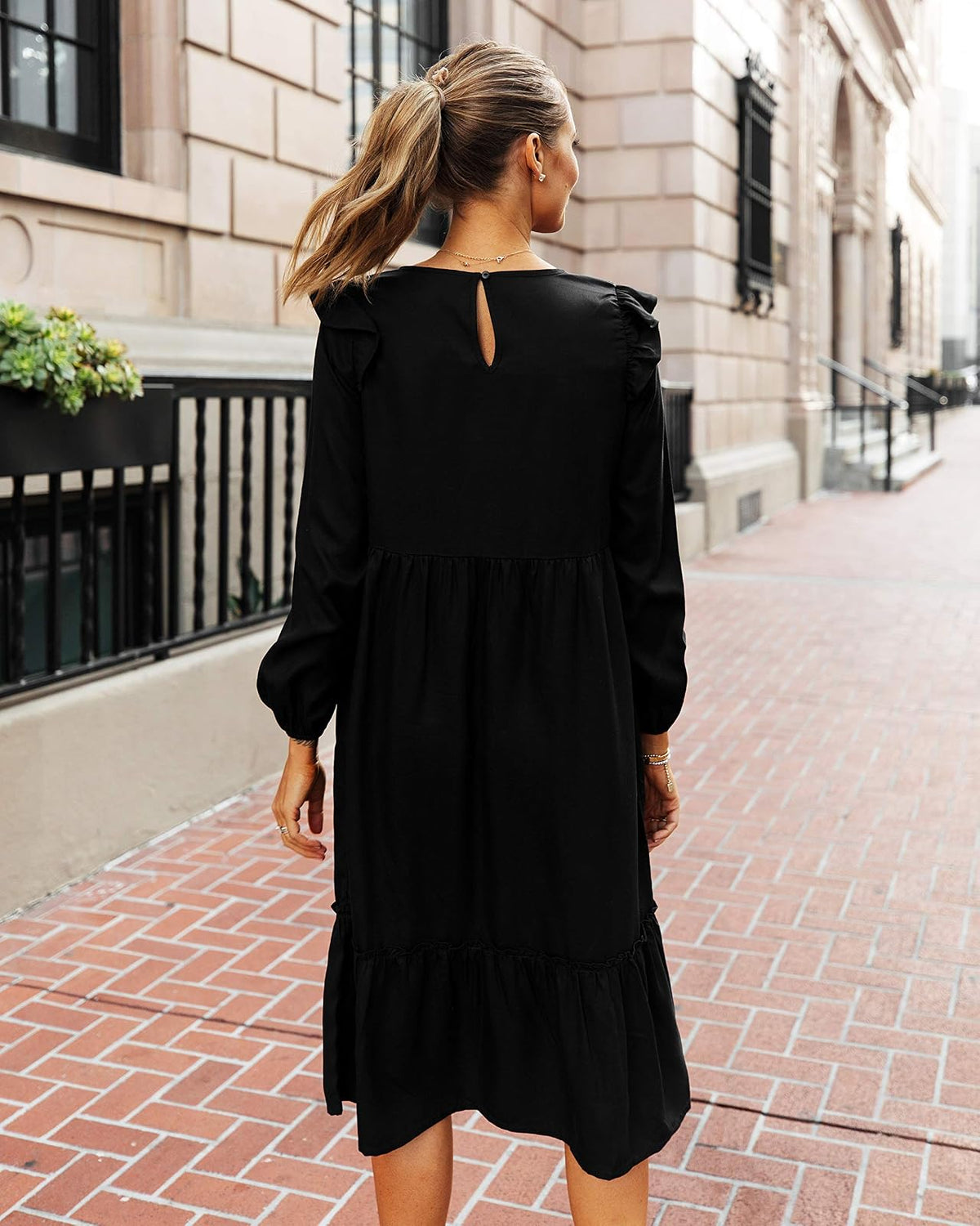 The Drop Vestido Midi Escalonado Para Mujer, con Vuelos en Los Hombros, Negro, por @fashion_jackson