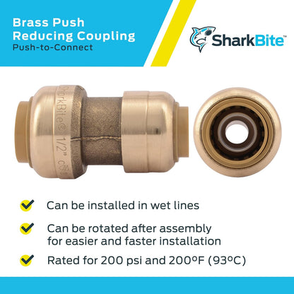 SharkBite - Acoplamiento reductor de 3/8 pulgadas (diámetro exterior de 1/2 pulgadas) x 1/2 pulgadas, ajuste de fontanería de latón, tubería PEX, cobre, CPVC, PE-RT, HDPE, U009LFA