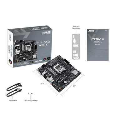 ASUS Prime A620M-K Tarjeta Madre AMD para armar tu PC de Trabajo y Estudio | mATX, AMD AM5 (Ryzen 9000/7000), DDR5 hasta 7200+ (OC) EXPO, PCIe 4.0 x16, ranura M.2 (PCIe 4.0), LAN Gigabit, 4x SATA