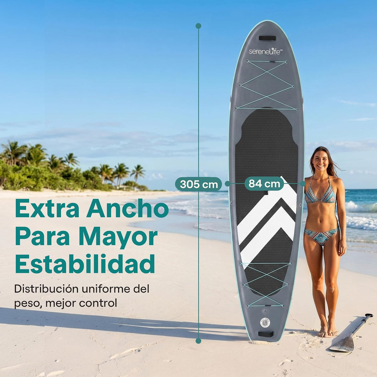 SereneLife Tabla de Paddle Inflable Ultra-Ligera con Accesorios Premium, Diseño Ancho y Estable con Almohadilla EVA Antideslizante, Ideal para Jóvenes y Adultos, Capacidad de 160 kg