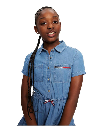 Tommy Hilfiger Short Sleeve Lightweight Denim Dress, Collared with Cinched Waist Vestido Informal Niñas