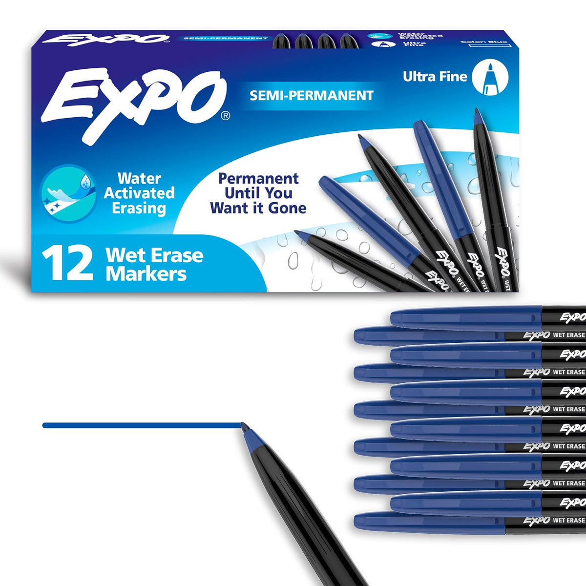 EXPO - Marcadores de borrado en húmedo, marcadores semipermanentes, azul, punta ultra fina, 12 unidades