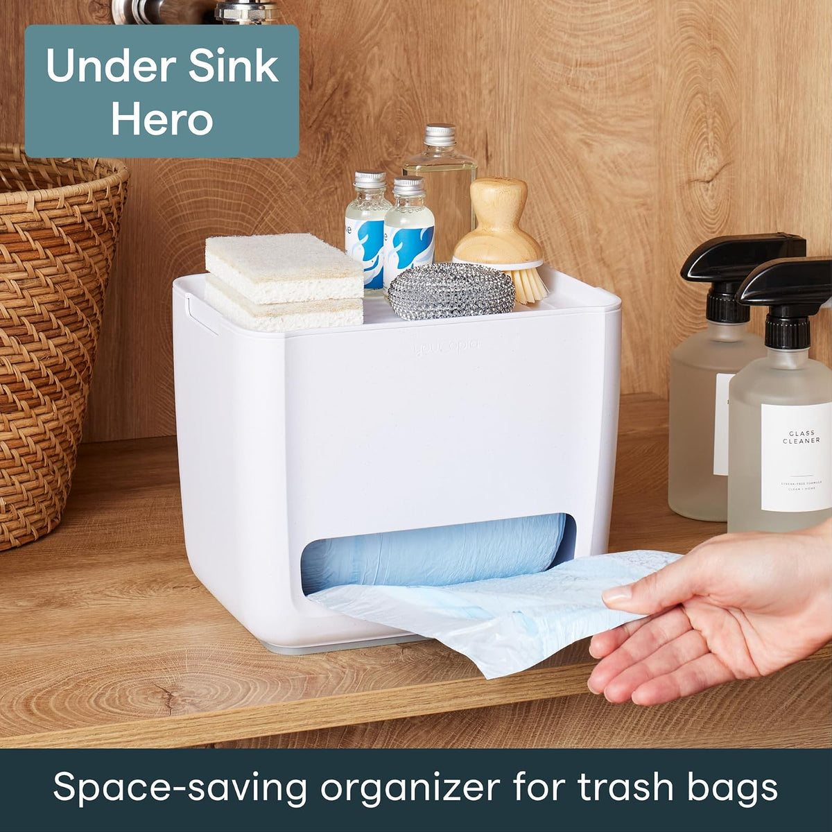 YouCopia SinkSuite - Dispensador de bolsas de basura, organizador de bolsas de basura de pie con tapa extraíble y cuna para almacenamiento, color blanco moteado