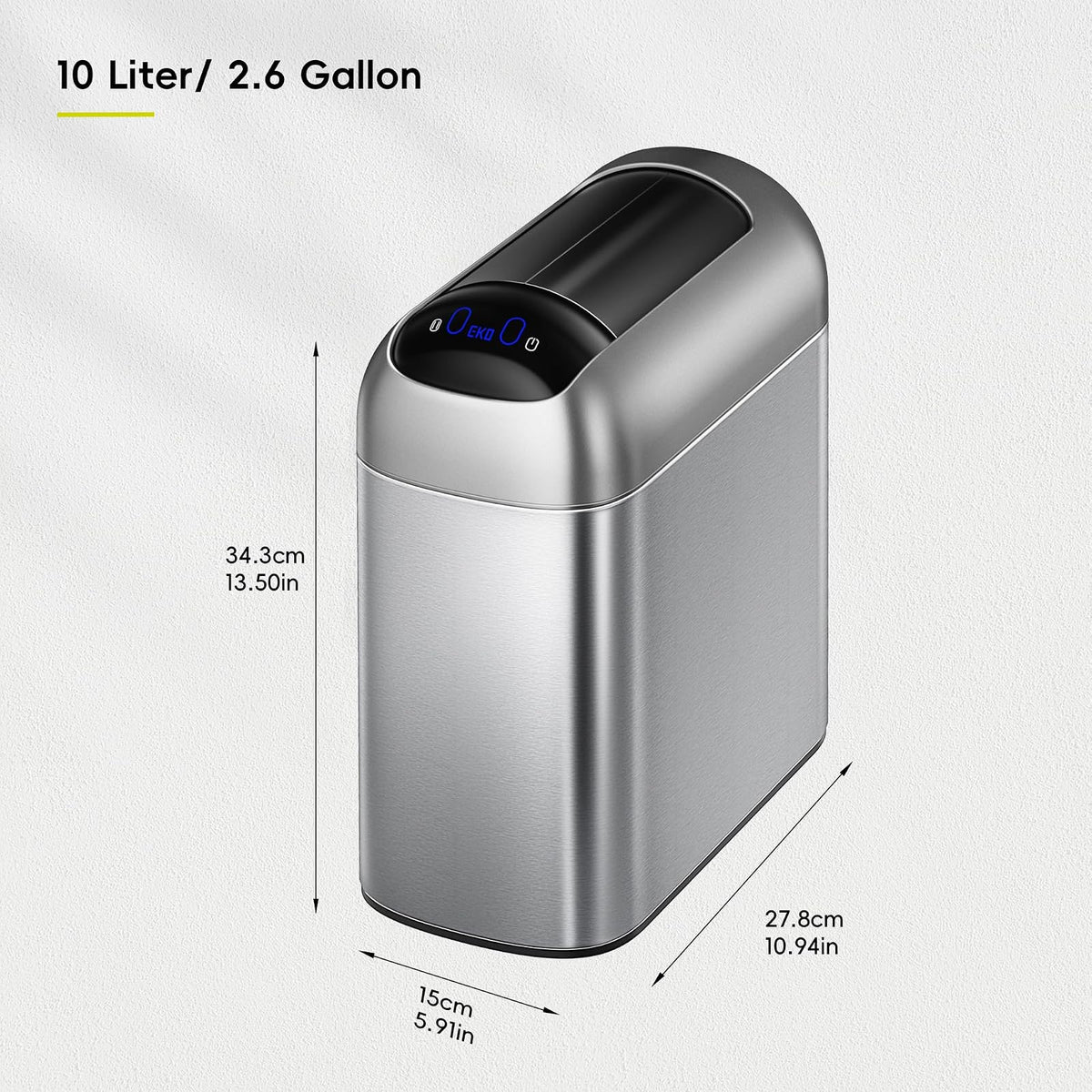 EKO Astro Slim Sensor Basurera de 10 L / 2.6 Galón de basura Touchless Close Retractable Wing Late, Sensor de movimiento Acero inoxidable para baño