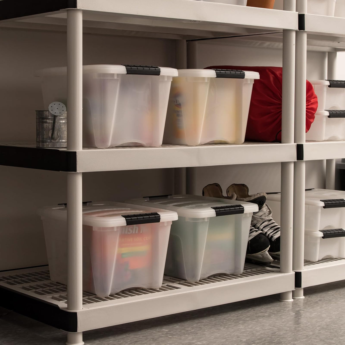 IRIS USA 6 Contenedores de 19 Qt con Tapa, Perla | Oculta el contenido para una apariencia limpia. Ideal para ropa de cama, decoración y clóset. Diseño anidable.