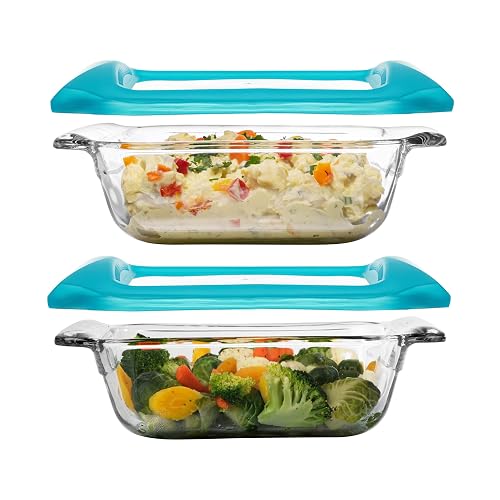 Libbey Baker's Premium - Juego de 2 platos de vidrio para hornear de 8 x 8 pulgadas con tapas, utensilios apilables con asas GreatGrip, platos cuadrados cubiertos duraderos