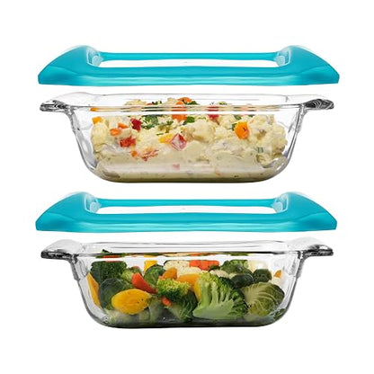 Libbey Baker's Premium - Juego de 2 platos de vidrio para hornear de 8 x 8 pulgadas con tapas, utensilios apilables con asas GreatGrip, platos cuadrados cubiertos duraderos