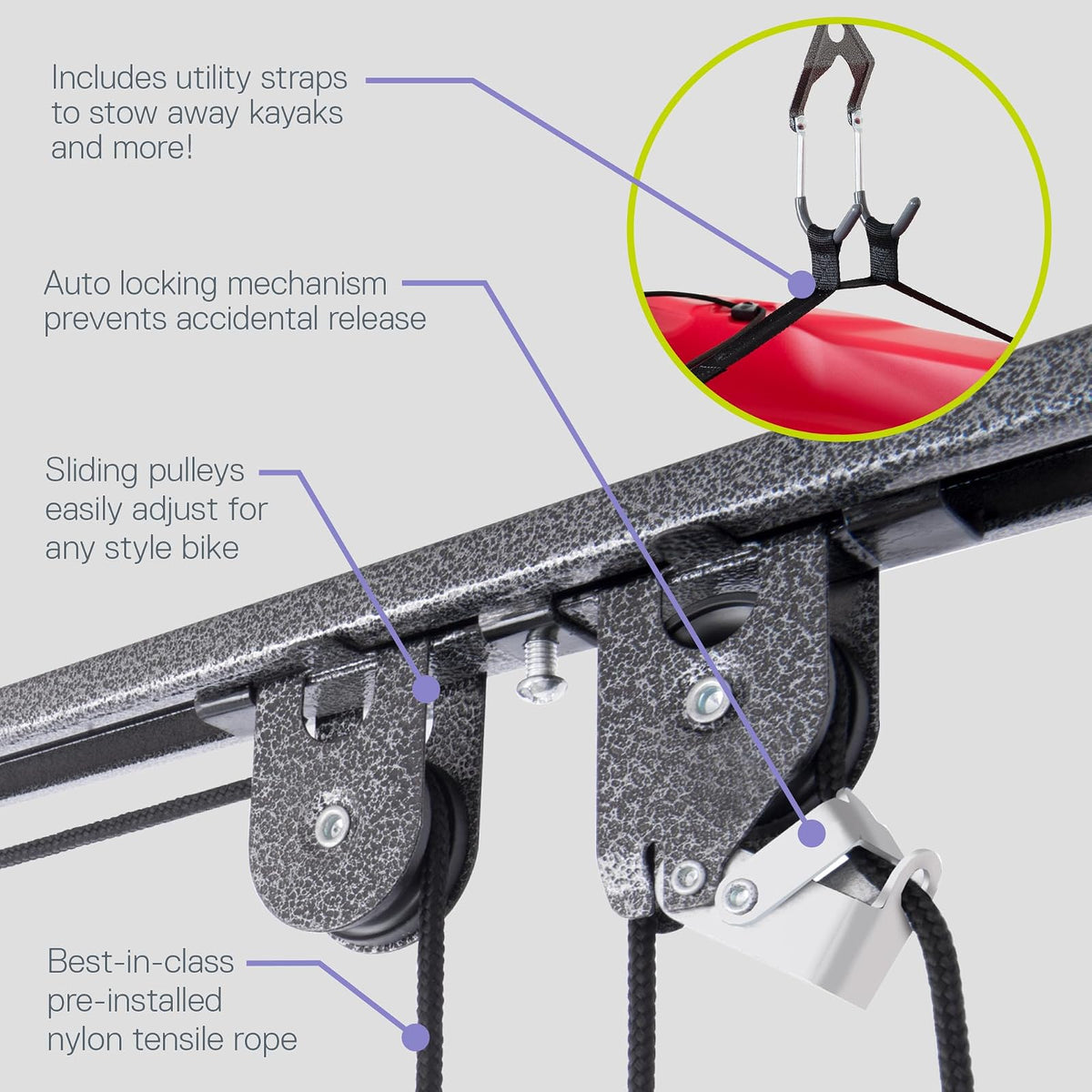 Bike Hoist for Garage with Utility Hooks Lift Storage - Heavy Duty for Space Saving - Road, Commuter & Mountain Bikes, Holds Kayaks & Ladders - No-Hassle Installation for Quick & Easy Access