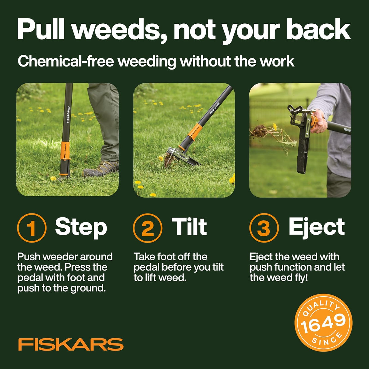 Fiskars - Herramienta de extracción de malezas de pie de 3 Garras, Herramienta de deshierbe Manual con Mango ergonómico de 39 Pulgadas de Largo con Mecanismo de fácil expulsión
