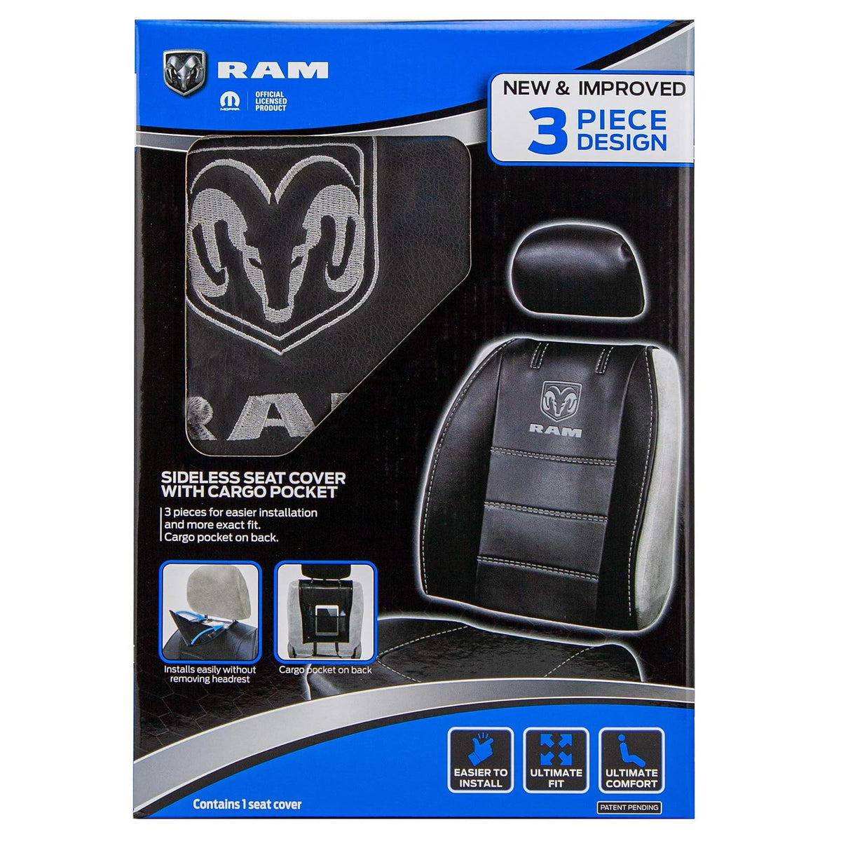 Plasticolor Funda de Asiento RAM 008628R25, 3 Piezas, Logo Gris, Negro, Ajuste Universal