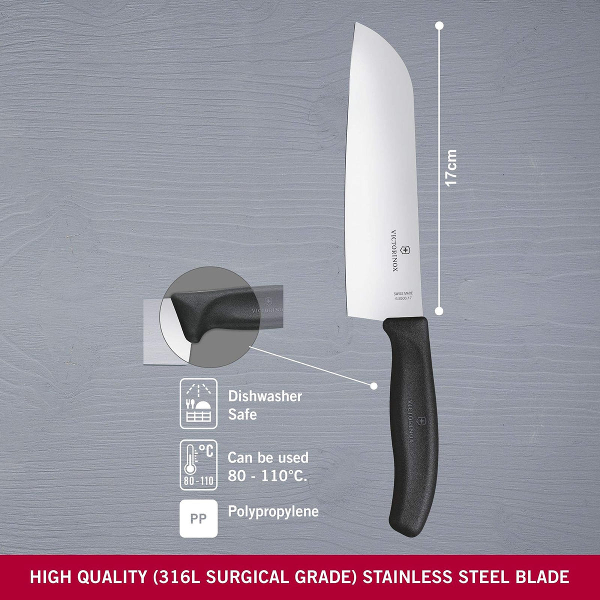 Victorinox Cuchillo Santoku clásico suizo de 17 cm en blíster, color negro