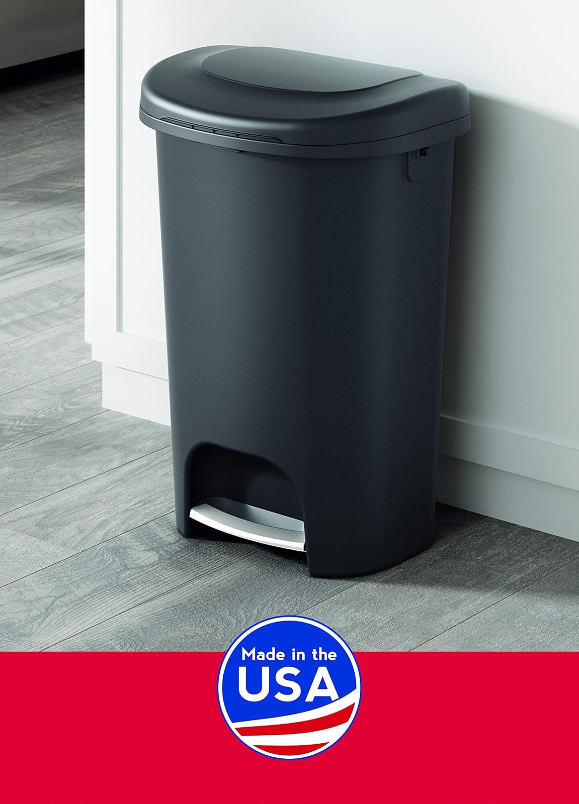 Rubbermaid Classic - Papelera de alta calidad de 13 galones con tapa y pedal de acero inoxidable, cubeta de basura negro para cocina, hogar, oficina, cochera