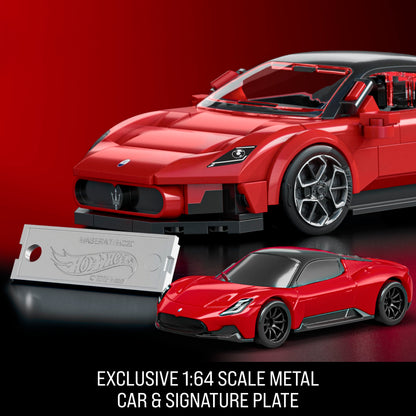 Mattel Brick Shop Hot Wheels Juguete de Construcción Speed Maserati MC20 Escala 1:32 con Placa Coleccionable y Auto Metálico Incluye Placa de colección y Auto Exclusivo de Metal