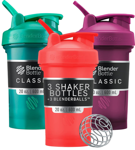 BlenderBottle Classic V2 Paquete de 3 Botellas para batidos de proteína y pre-entrenamiento, 20 onzas, Rojo, Verde y Ciruela.