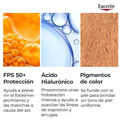 Eucerin Sun Face Hydro-Fluid FPS 50 + Tono Medio 50ml Protector Solar Facial con Color, textura ligera, suave y refrescante. Rápida absorción sin sensación grasosa o pegajosa