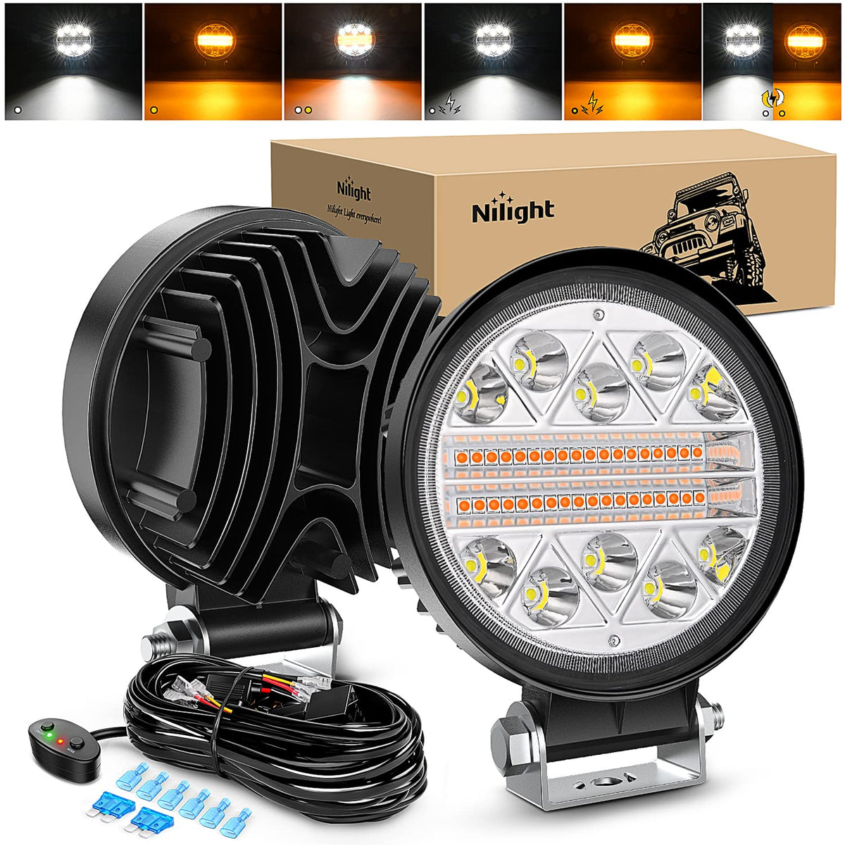 Nilight - 2 barras de luz LED de 4.5 pulgadas y 27 W, función de memoria, ideal para niebla y nieve, todoterreno, camión, cuatrimoto, jeep, barco, con kit de arnés de cableado de 16 AWG, 2 cables
