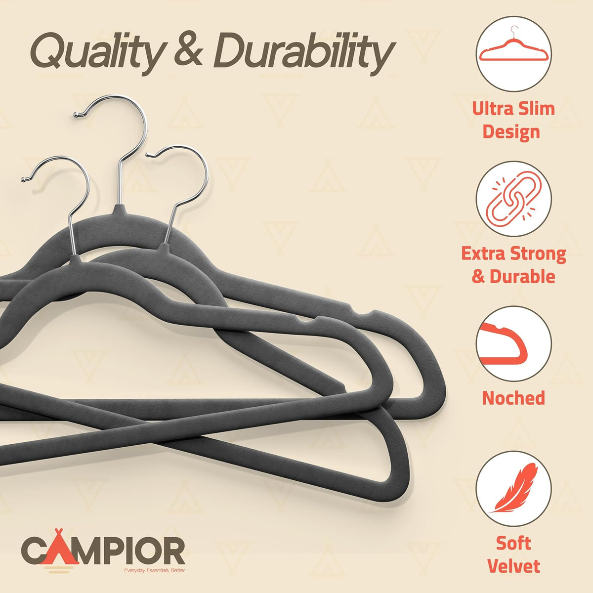 Campior Premium Velvet Non-Slip Hangers for Clothes - Heavy Duty Coat Hanger Set with 360° Swivel Hook, Lightweight, Luxurious Velvet Finish, Versatile Hangers for Any Closet, Pack of 60 - Grey