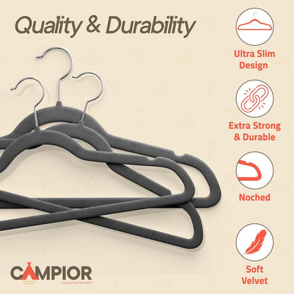 Campior Premium Velvet Non-Slip Hangers for Clothes - Heavy Duty Coat Hanger Set with 360° Swivel Hook, Lightweight, Luxurious Velvet Finish, Versatile Hangers for Any Closet, Pack of 60 - Grey